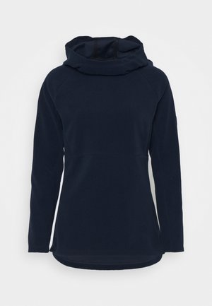 Marineblauwe fleece pullover met lange mouwen, hoge col en afgeronde zoom, ontworpen voor warmte en casual gebruik.