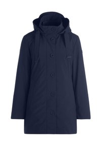 Manteau à capuche bleu marine avec boutons sur le devant et cordons, manches longues et coupe mi-longue pour temps froid.