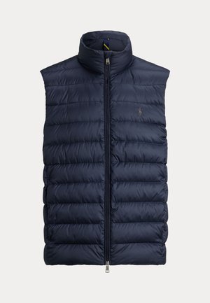 Granatowa pikowana bezrękawnikowa kamizelka puchowa z wysokim kołnierzem i przednim zamkiem błyskawicznym, z małym haftowanym logo na piersi.