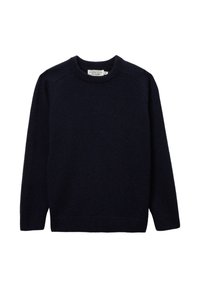 Pull en laine bleu marine avec un col rond, des manches longues et un ourlet côtelé. Le tissu a une texture douce avec des coutures minimales.