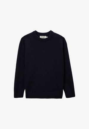 Pull en laine bleu marine avec un col rond, des manches longues et un ourlet côtelé. Le tissu a une texture douce avec des coutures minimales.