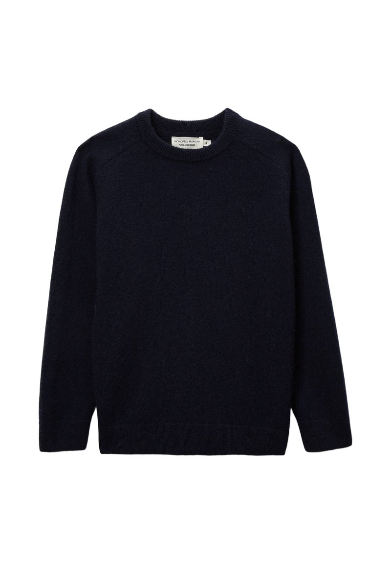 Pull en laine bleu marine avec un col rond, des manches longues et un ourlet côtelé. Le tissu a une texture douce avec des coutures minimales.
