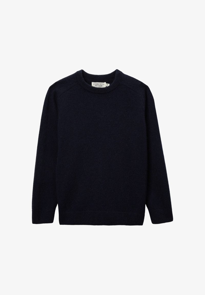 Pull en laine bleu marine avec un col rond, des manches longues et un ourlet côtelé. Le tissu a une texture douce avec des coutures minimales.