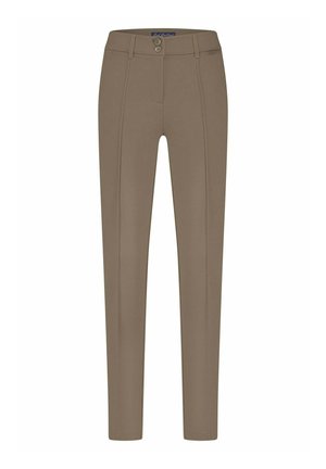 Broek gemaakt van gladbeige stof, met een aansluitend ontwerp, twee frontzakken en twee knopen op de tailleband met verticale naden.