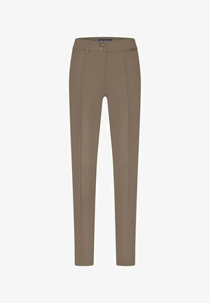 Broek gemaakt van gladbeige stof, met een aansluitend ontwerp, twee frontzakken en twee knopen op de tailleband met verticale naden.