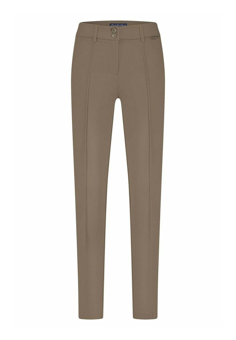 Broek gemaakt van gladbeige stof, met een aansluitend ontwerp, twee frontzakken en twee knopen op de tailleband met verticale naden.