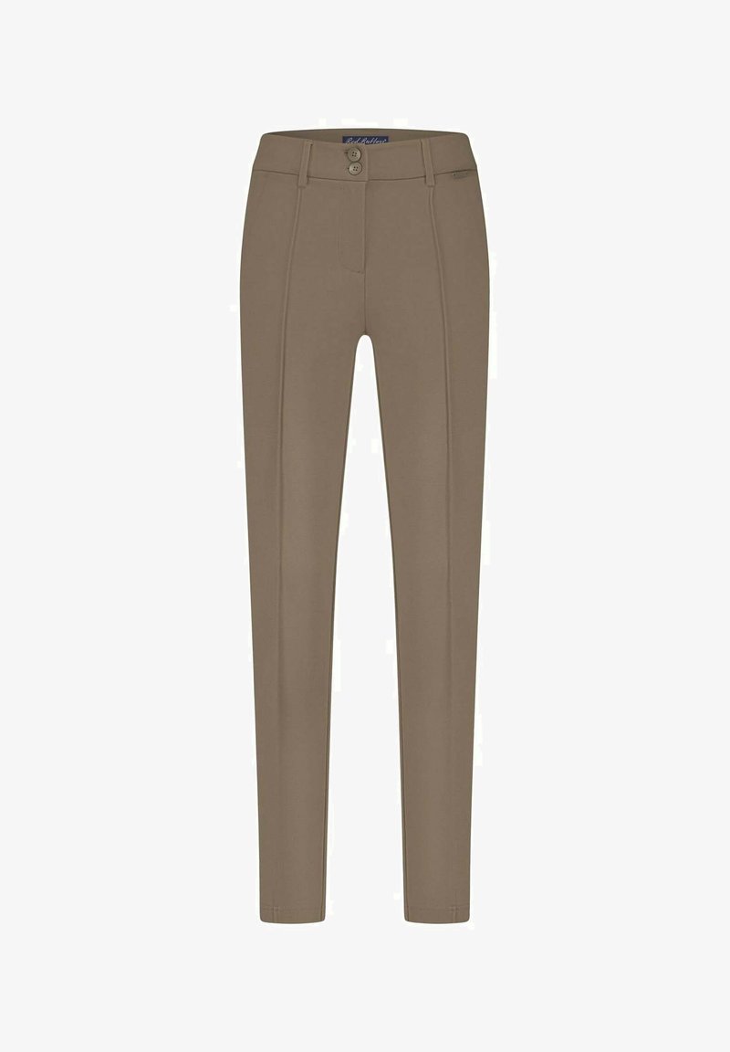 Broek gemaakt van gladbeige stof, met een aansluitend ontwerp, twee frontzakken en twee knopen op de tailleband met verticale naden.