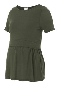 Short-sleeve olive green maternity top with gathered fabric below empire waist and round neckline on white background.