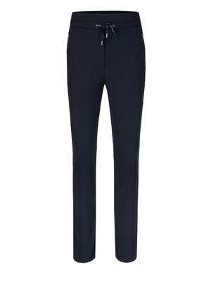 Czarne, dopasowane spodnie casual z elastycznym pasem i sznurkiem oraz zamykanymi na zamek bocznymi kieszeniami, pokazane na białym tle.