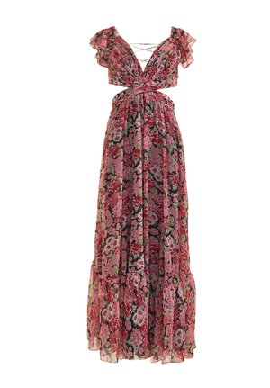 Floral maxi dress with deep V-neck, ruffled short sleeves, crisscross back straps, cinched waist, and flowy tiered skirt in pink, red, and green tones.