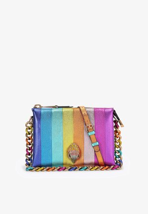 Multicolor leren schoudertas met horizontale strepen, schakelriem en een decoratieve sluiting met ingelegde accenten.