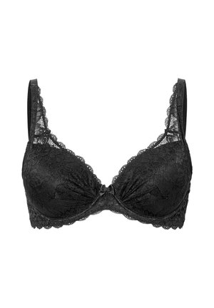 Musta pitsinen liivit, joissa on kaaritukiosa, sahalaitaiset reunat, säädettävät hihnat ja pieni keskellä oleva rusettikoriste.