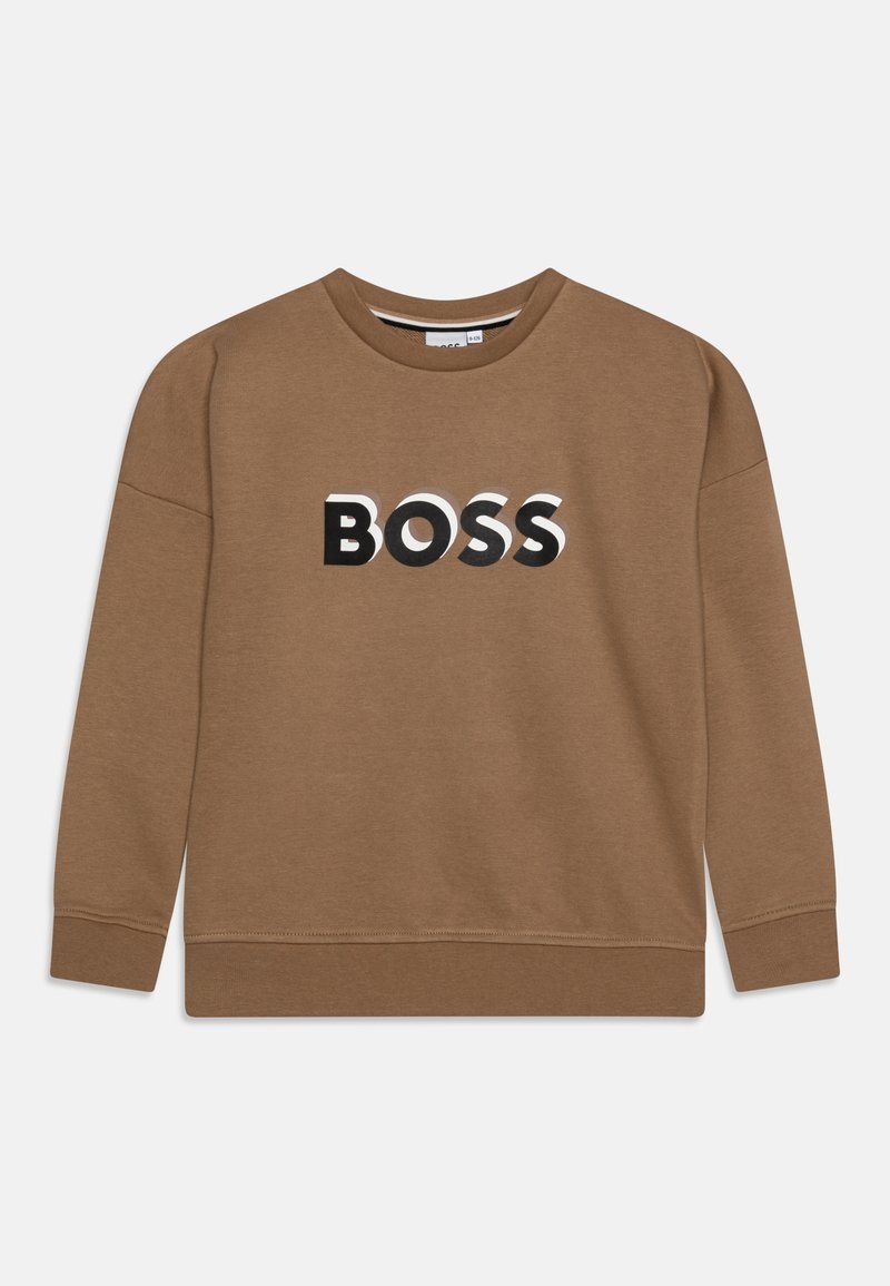 Sweatshirt marron avec un col rond, des manches longues et un grand logo "BOSS" noir et blanc à l'avant. Tissu texturé doux.