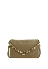 Borsa a mano in pelle verde oliva con motivo trapuntato, tracolla in catena dorata, logo sul fronte e chiusura con zip. Di forma rettangolare con manico laterale.