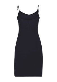 Svart ärmlös klänning i ett slätt tyg. Har en figursydd silhuett med smala justerbara axelband och V-ringning.