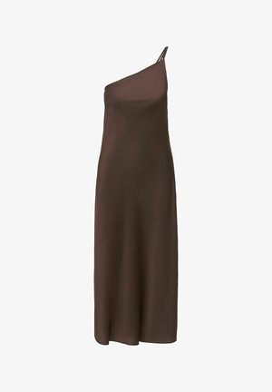 Robe midi marron sans manches avec une bretelle unique et une silhouette fine et droite.