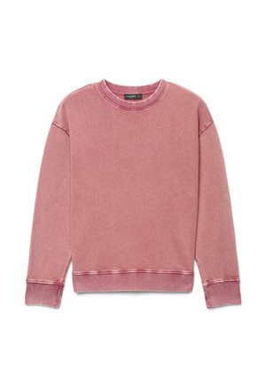 Felpa rosa con scollo rotondo, polsini e orlo a costine, maniche lunghe e una piccola etichetta nera sul colletto.