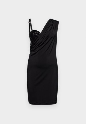 Schwarzes Kleid mit einem Schulterträger, drapiertem Design, figurbetontem Schnitt und glänzenden Oberteil-Details. Hergestellt aus weichem, dehnbarem Material.