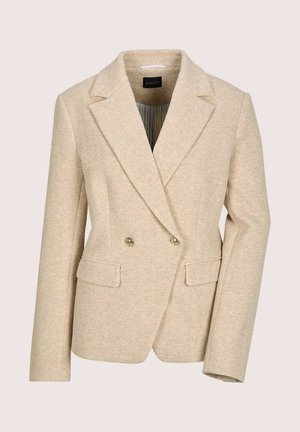 Beiger, doppelt geknöpfter Blazer aus strukturiertem Fischgrätstoff. Ausgestattet mit gestuften Revers, zwei Fronttaschen und goldfarbenen Knöpfen.