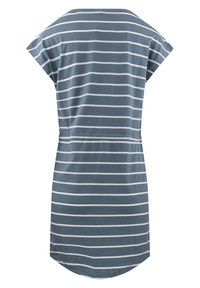 Blauw gestreepte jurk met korte mouwen, elastische taille, gebogen zoom en witte horizontale strepen op een zacht, ademend materiaal.