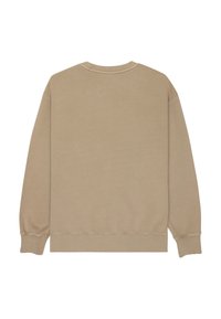 Beige Sweatshirt mit langen Ärmeln, einem gerippten Rundhalsausschnitt und gerippten Säumen. Glatte Textur ohne sichtbare Muster oder Akzente.