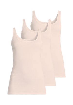 Set of four beige sleeveless tank tops with scoop necks arranged in a staggered row on a white background.