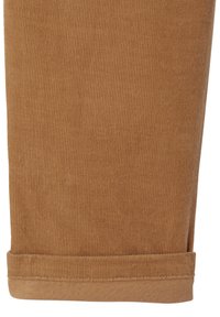 Brown corduroy fabric with vertical ribbed texture and a hemmed cuff. Material appears soft with a subtle sheen.