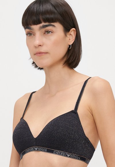 Triangle bralette in black with a subtle shimmer, featuring thin adjustable straps and a branded elastic band at the base.