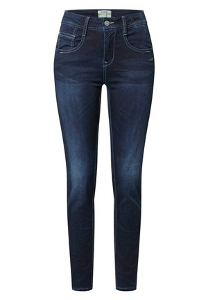 Dark blue skinny jeans made from denim. Features five pockets, a button closure, and contrasting stitching along seams.