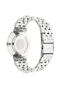 Zilveren roestvrijstalen horloge met een schakelarmbandontwerp. Ronde behuizing en een gestructureerde achterkant met branding. Verstelbare sluiting voor een veilige pasvorm.