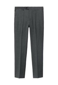 Pantaloni gri, croiți, cu o textură netedă, cu pliseuri frontale simple și închidere cu buton. Prezintă picioare drepte și buzunare laterale.