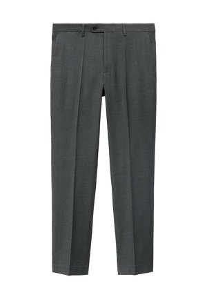 Pantaloni gri, croiți, cu o textură netedă, cu pliseuri frontale simple și închidere cu buton. Prezintă picioare drepte și buzunare laterale.