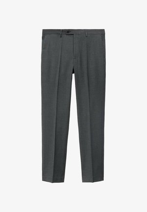 Pantalons gris ajustés avec une texture lisse, plis avant simples et fermeture à bouton. Présentent des jambes droites et des poches latérales.