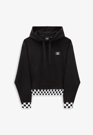 Zwarte Vans hoodie met voorzakken, capuchon met trekkoord en dambordpatroon op manchetten en zoom, Vans logo patch op de borst.