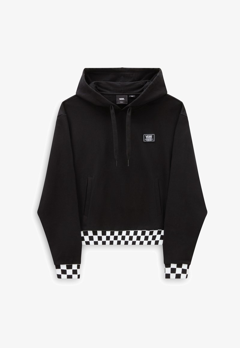 Sweat à capuche Vans noir avec poches avant, capuche à cordon, motif damier sur les poignets et l'ourlet, patch logo Vans sur la poitrine.