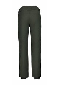 Pantalones verdes aislados con un diseño de pierna recta, puños elásticos y aberturas laterales con cremallera para ventilación. Tejido duradero con una textura suave.