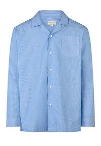 Chemise boutonnée bleu clair à motif rayé, à manches longues et avec une poche poitrine. Fabriquée en tissu doux avec des boutons blancs et des poignets présentant de fines rayures.