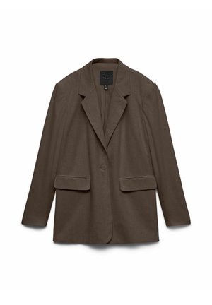 Pruun ühe nupuga bleiser sisselõigatud krae ja kahe ees oleva klapiga taskuga, kujutatud lamades valgel taustal.