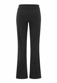 Zwarte flared pantalons van rekbare stof, met een brede tailleband en een gladde textuur, met een eenvoudig, ongecompliceerd ontwerp.