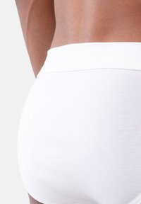 Gros plan sur le bas du dos et la taille d'une personne portant des sous-vêtements blancs unis devant un fond neutre.