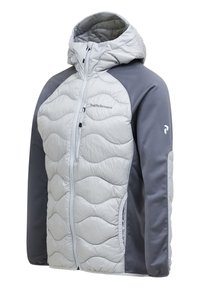 Light gray quilted jacket with hood, dark gray sleeves, front zipper, and Peak Performance logo on chest and left sleeve.