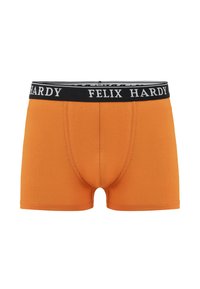 Boxers en coton orange avec une taille élastique noire portant le texte "FELIX HARDY". Texture lisse, design ajusté et coupe classique.