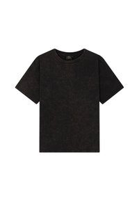 Zwarte crew neck t-shirt met een gestructureerde, licht versleten afwerking. Korte mouwen en rechte snit. Geen zichtbare logo's of ontwerpen.