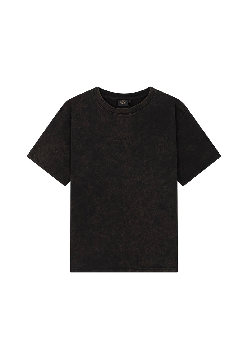 Zwarte crew neck t-shirt met een gestructureerde, licht versleten afwerking. Korte mouwen en rechte snit. Geen zichtbare logo's of ontwerpen.