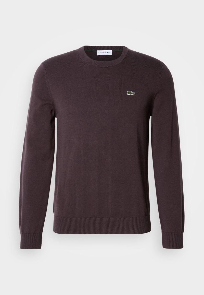 Pull marron foncé à manches longues avec col rond, poignets et ourlet côtelés, avec un petit logo crocodile vert sur la poitrine gauche.