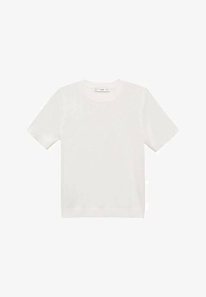 Camicia bianca a maniche corte realizzata in tessuto morbido, con scollo rotondo e un design semplice e minimalista privo di pattern o dettagli visibili.