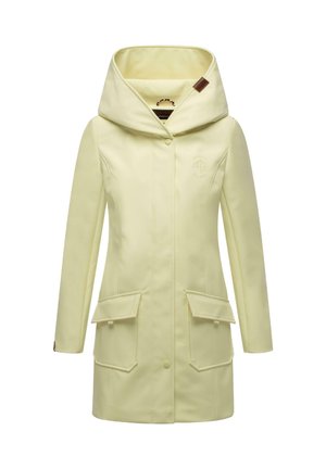 Yellow raincoat with a large hood, two front pockets, snap closures, and a logo detail on the chest. Smooth texture and tapered design.
