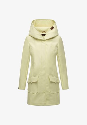 Yellow raincoat with a large hood, two front pockets, snap closures, and a logo detail on the chest. Smooth texture and tapered design.
