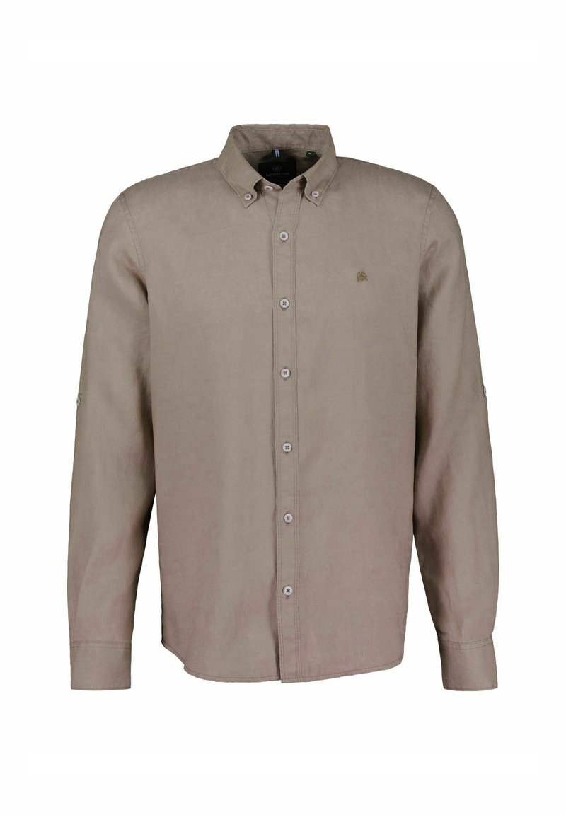Long-sleeve shirt in light brown fabric, featuring a button-down collar, front buttons, and left chest logo detail. Soft texture.