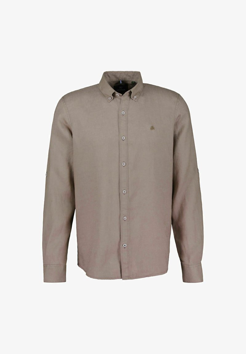Long-sleeve shirt in light brown fabric, featuring a button-down collar, front buttons, and left chest logo detail. Soft texture.